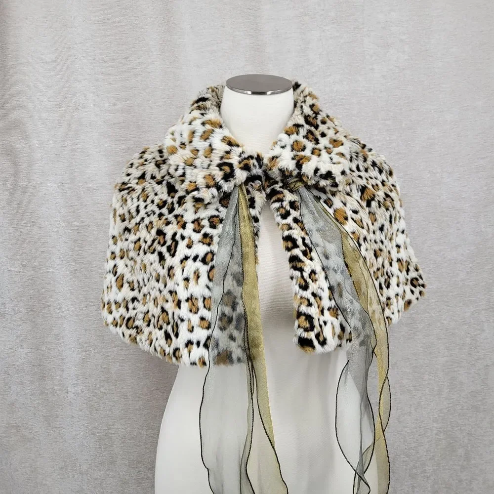Newport News Y2K or 90s Leopard Print Faux Fur Cape with Bow